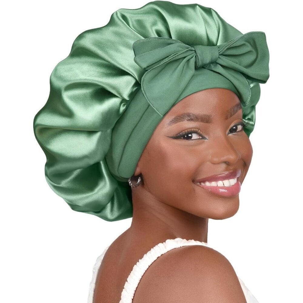 🆕 Women Silk Bonnet Green Satin Double Layer Lined Hair Tie Band Curly Natural